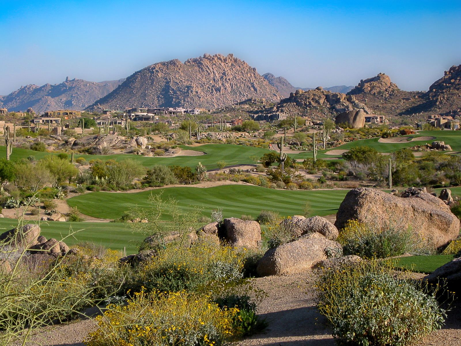 Troon North desert fairways framed by saguaro and mountains, Arizona golf in spring
