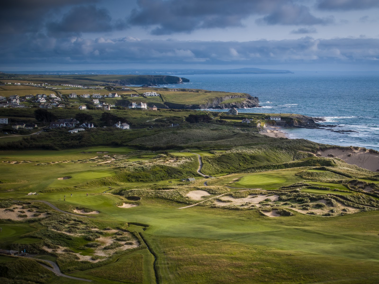 Trevose Championship Course, coastal fairways and dunes above Constantine Bay on the north Cornwall coast