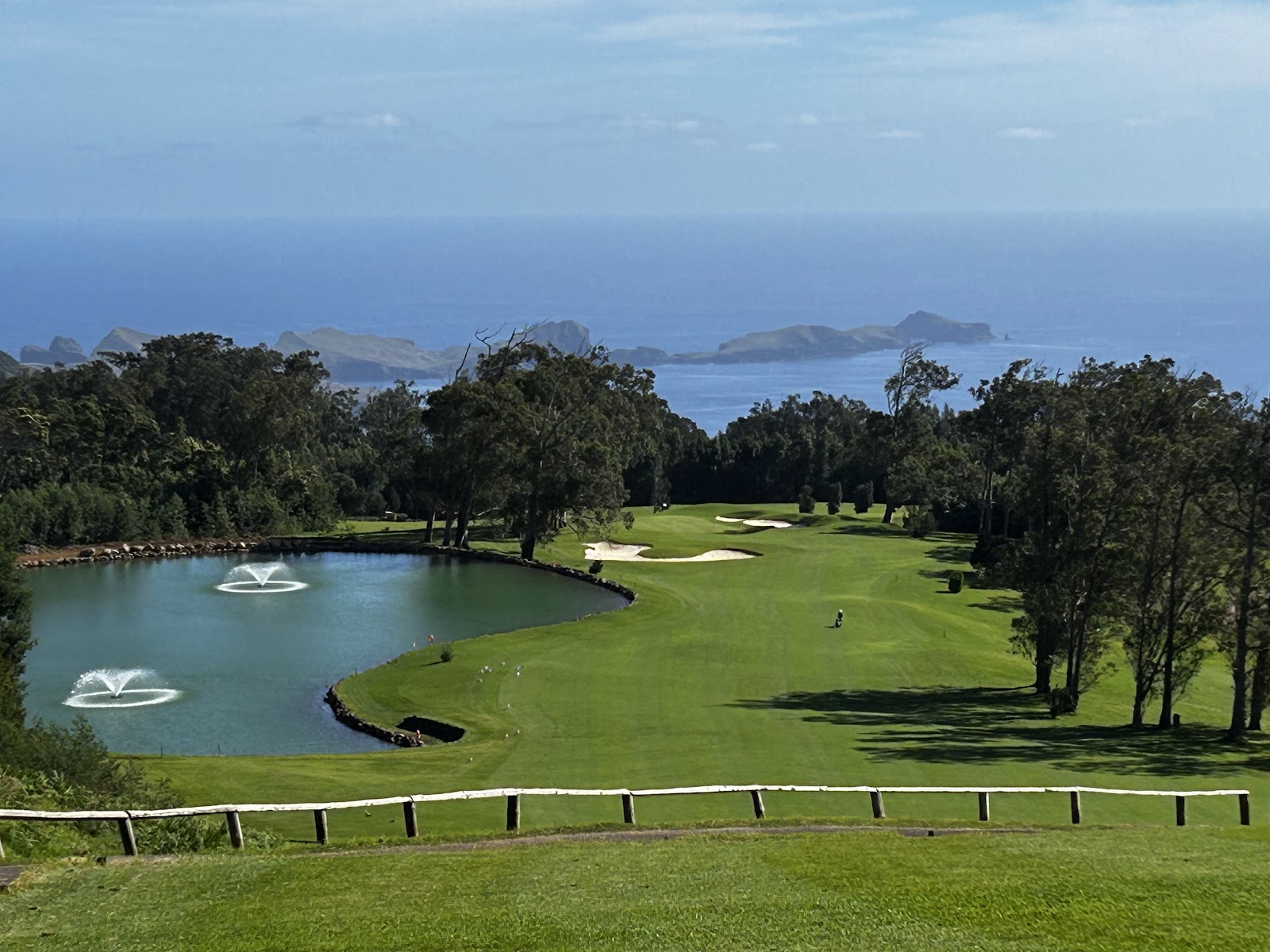 Santo da Serra Golf Club, mountain parkland fairway high above the Atlantic coast of Madeira, Portugal