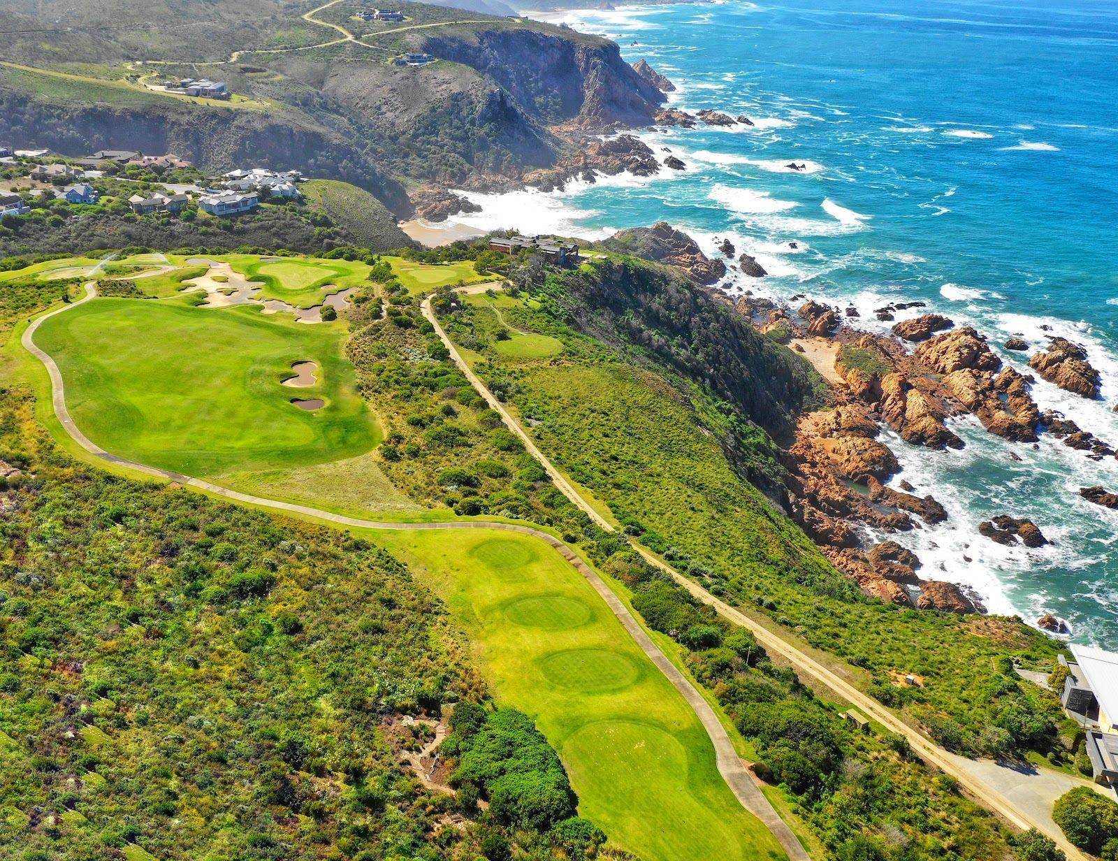 Pezula Championship Course fairways on the clifftops above Knysna lagoon and the Indian Ocean, South Africa