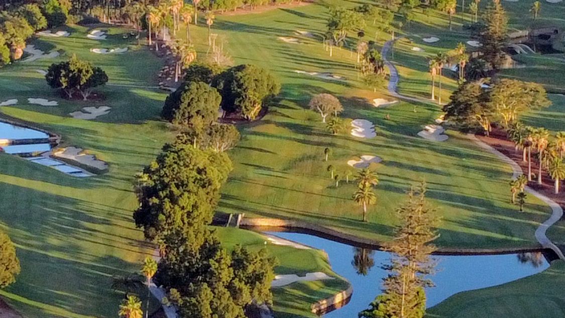 Real Club de Golf Las Brisas fairways and lakes in the Nueva Andalucia valley above Marbella, Spain