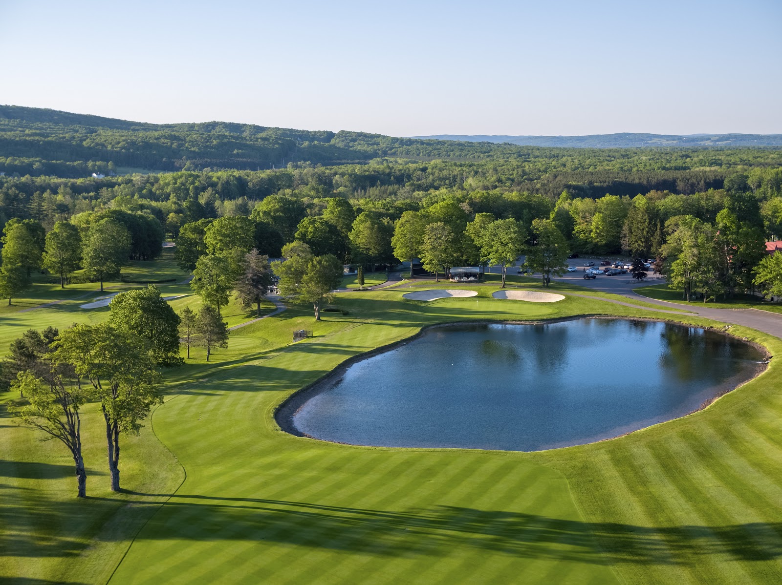The Heather course at Boyne Highlands, tree lined fairway below the ski slopes at Harbor Springs, Michigan