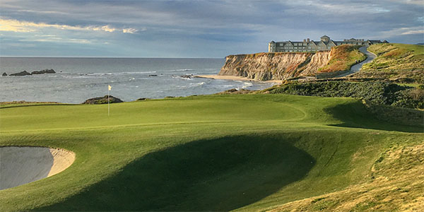 Half Moon Bay Old Course tree lined fairways running toward the Pacific cliffs south of San Francisco