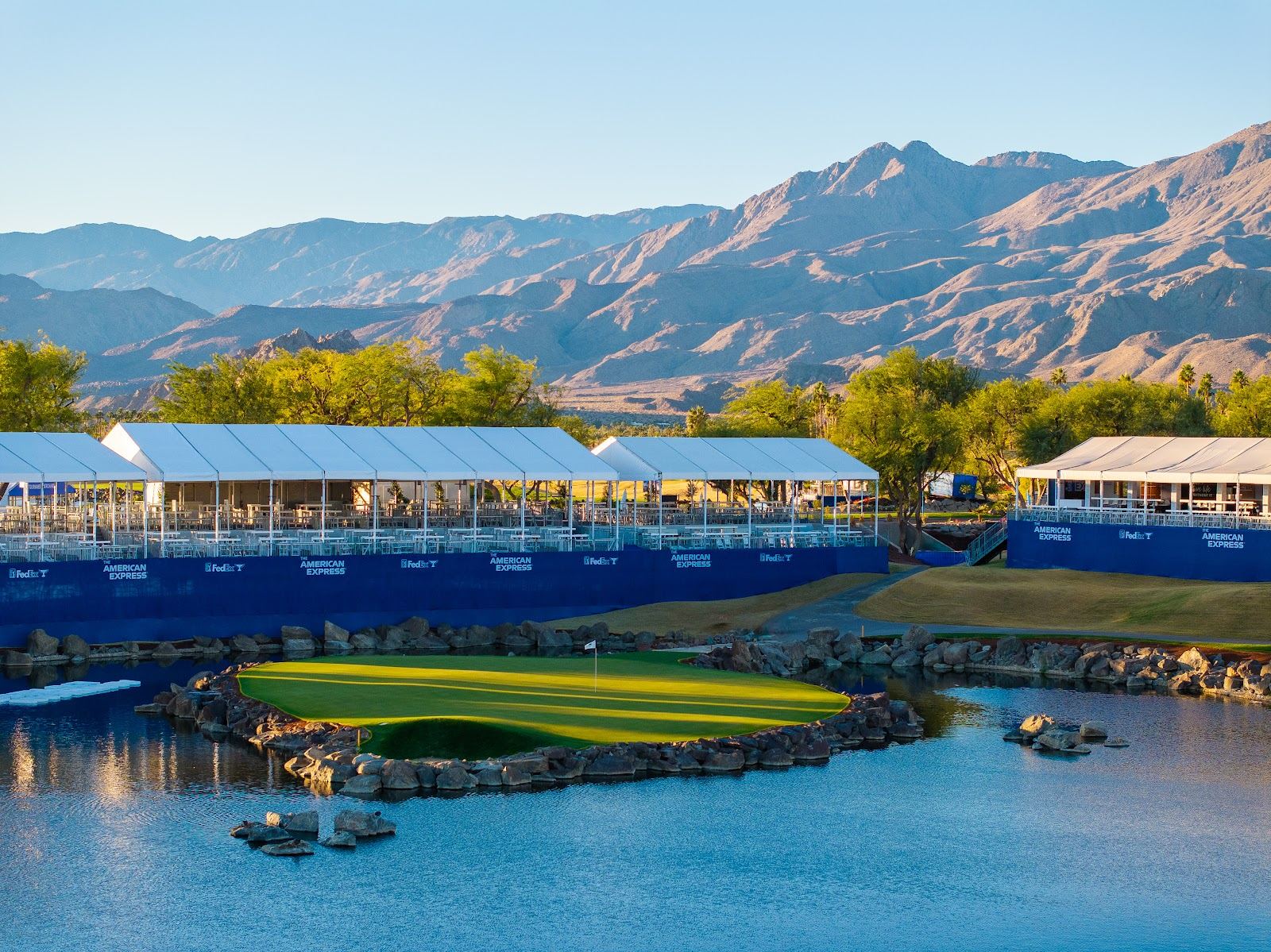 PGA West Pete Dye Stadium Course, deep bunkers and water against the Santa Rosa mountains in La Quinta, California