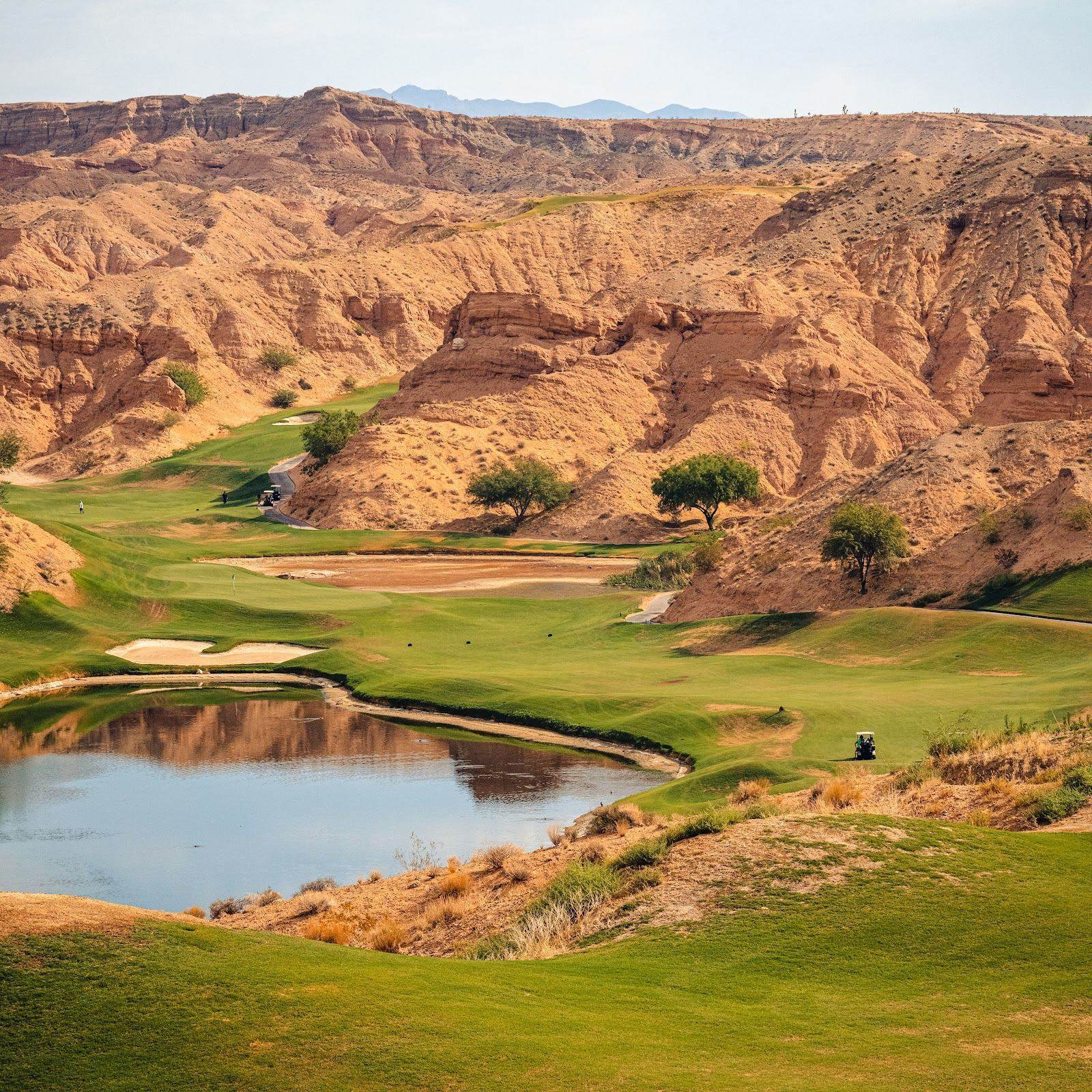 Wolf Creek Golf Club fairways tumbling through red desert canyon walls above Mesquite, Nevada