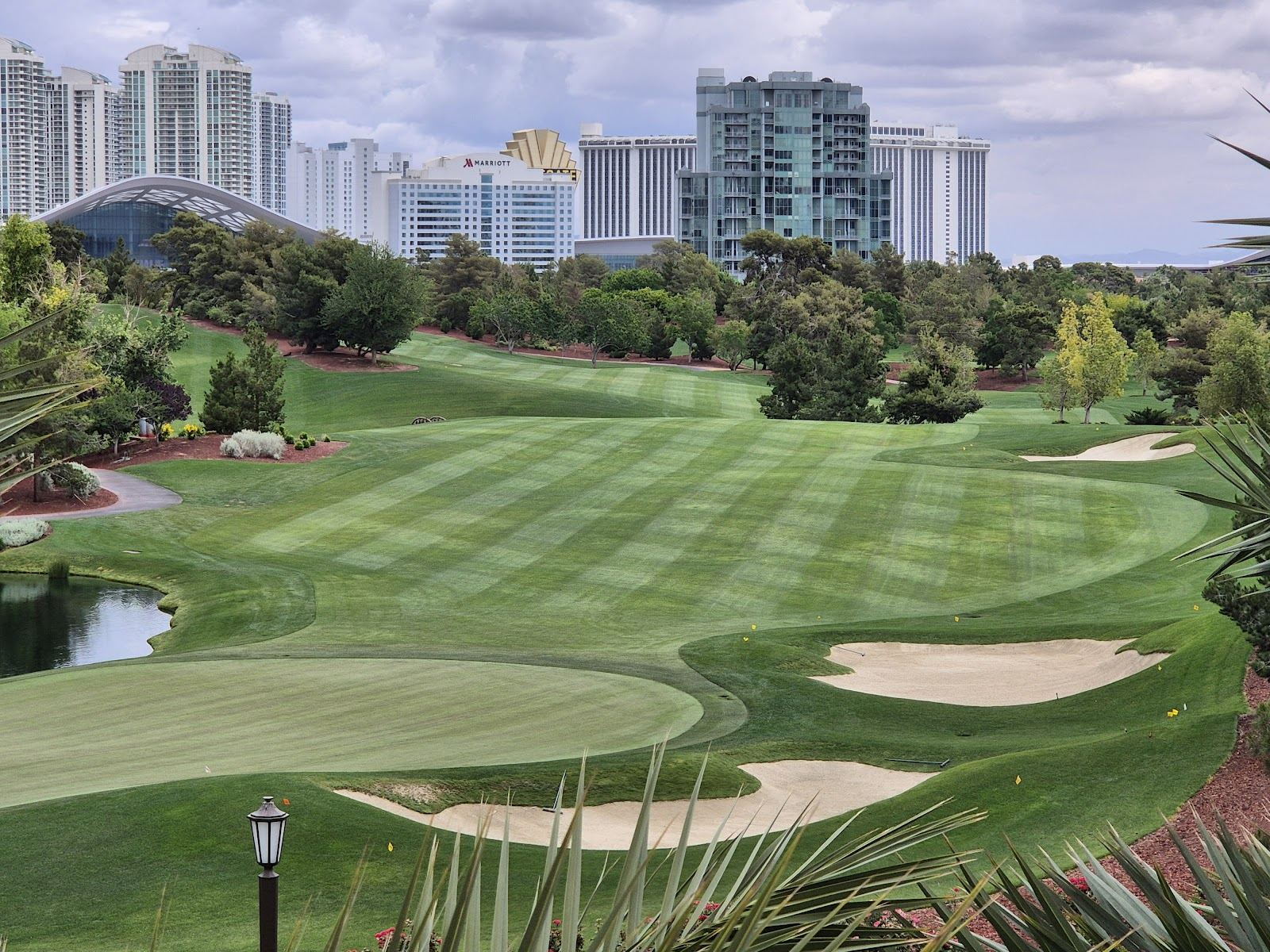 Wynn Golf Club, the only course on the Las Vegas Strip, with the resort towers rising behind the fairways