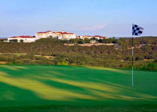 La Cantera Golf Club, San Antonio, fairway falling away through the Texas Hill Country