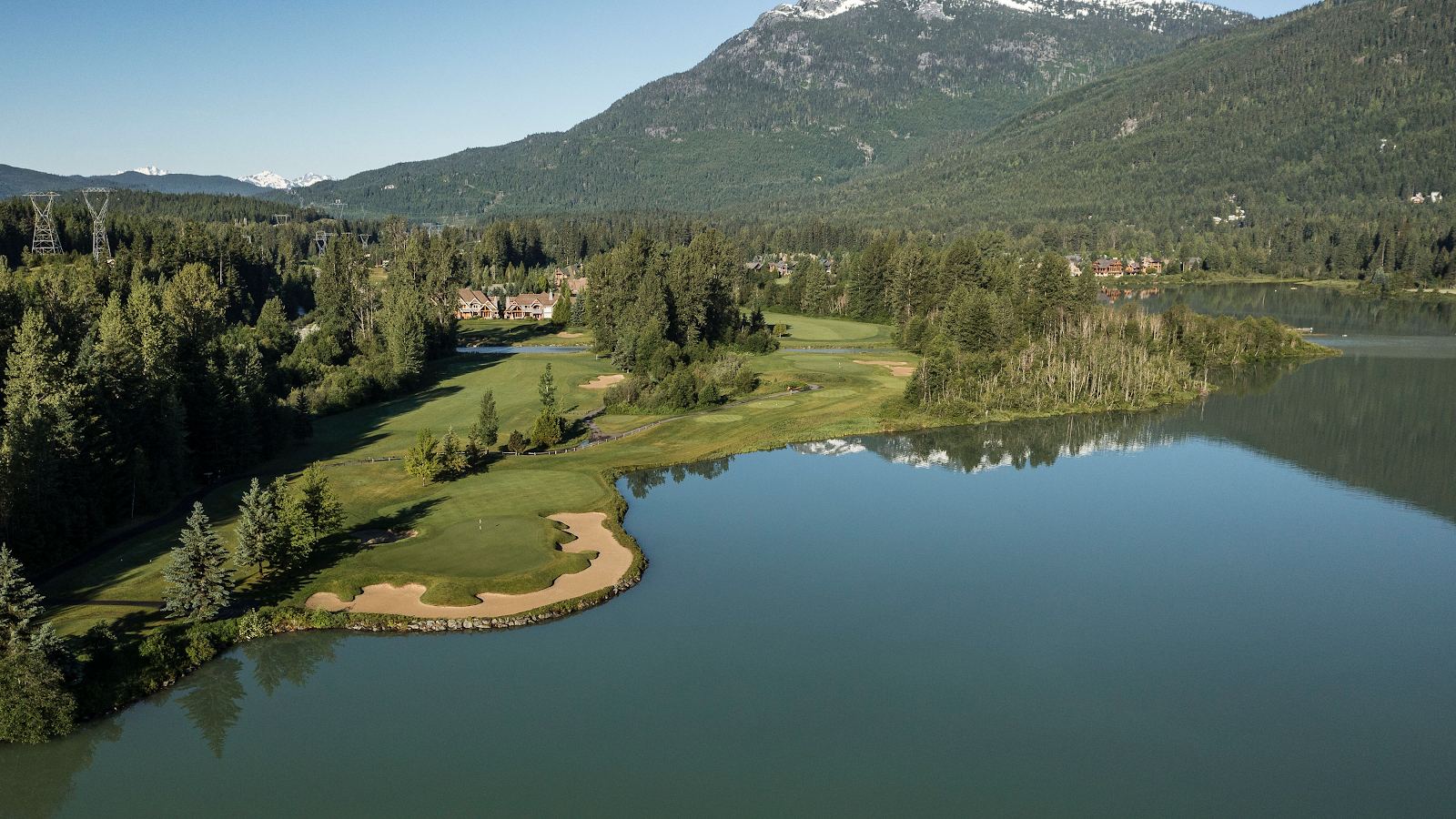 Nicklaus North Golf Course, fairways along Green Lake beneath the Whistler mountains, British Columbia