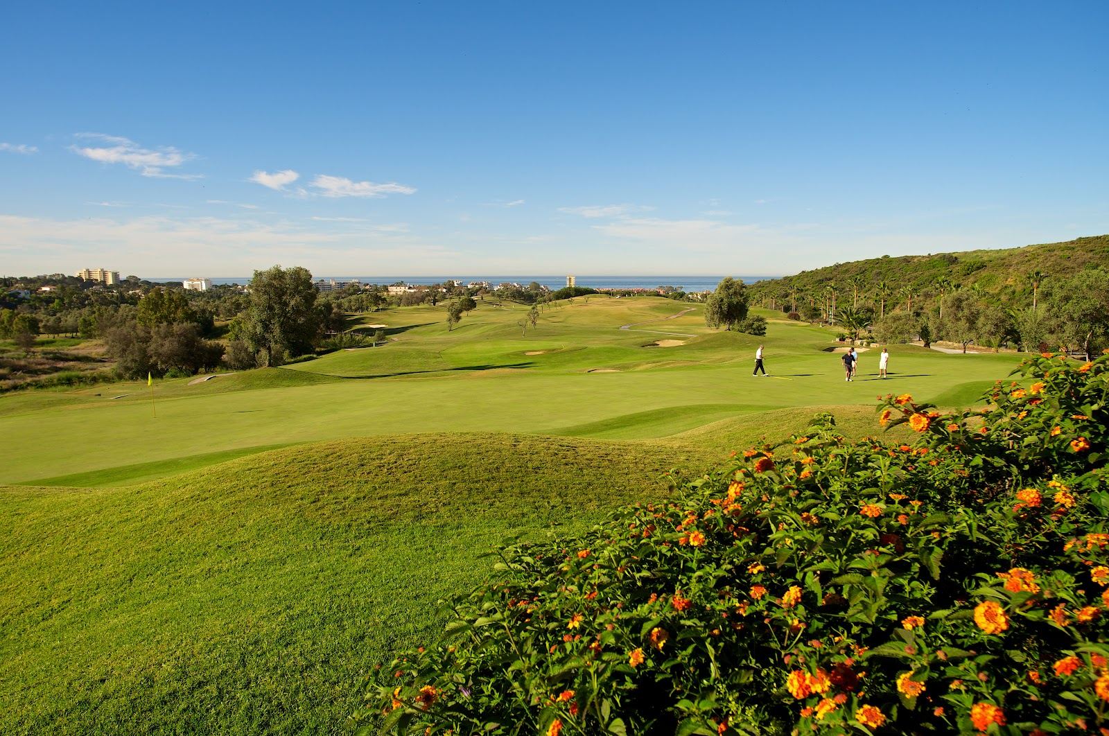 Costa del Sol golf course fairways above the Mediterranean in southern Spain