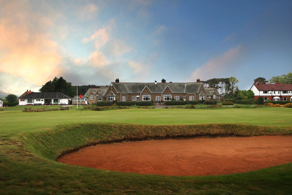 Ganton Golf Club, 18th green and clubhouse beneath an evening sky in North Yorkshire